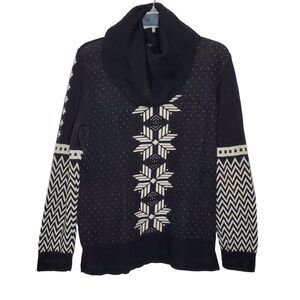Talbots Cowl Neck Nordic Sweater L Black White Snowflakes Birds Eye Chevron